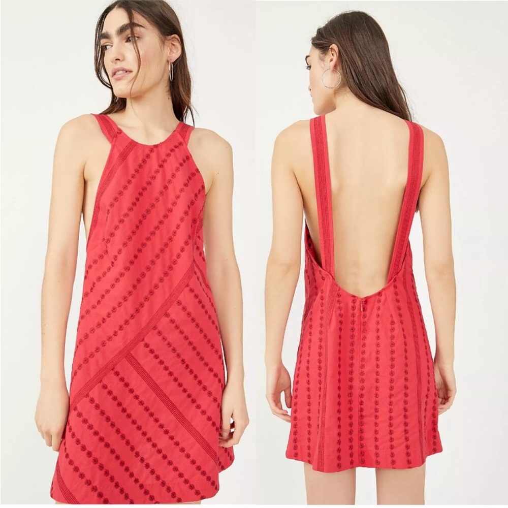 Free People! Juni Embroidered Halter Mini Dress in Strawberry Spritz NWT!